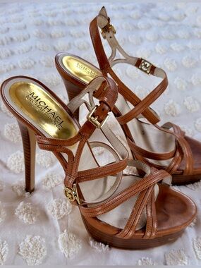 Michael Kors Tan Brown Leather Strappy High Heels with Gold accents